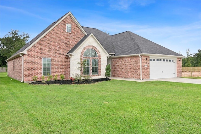 view of front of home with brick siding, a shingled roof, a front lawn, concrete driveway, and an attached garage