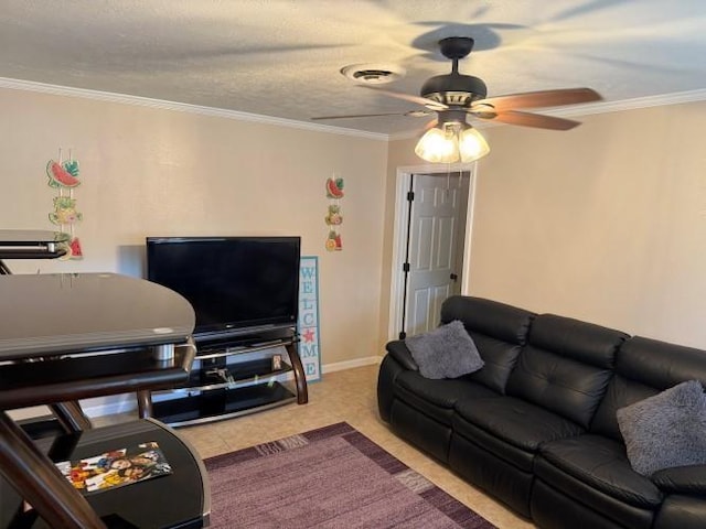 9325 Bamboo Ln, Beaumont, TX 77708 - living area with a ceiling fan, ornamental molding, and light colored carpet