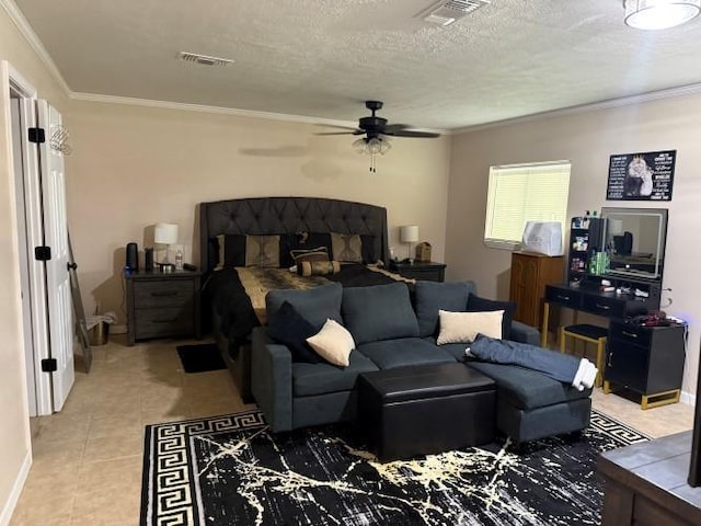 9325 Bamboo Ln, Beaumont, TX 77708 - bedroom featuring crown molding, light tile patterned flooring, and a textured ceiling