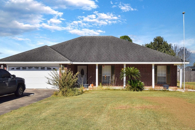 ranch-style house with a front yard and a garage