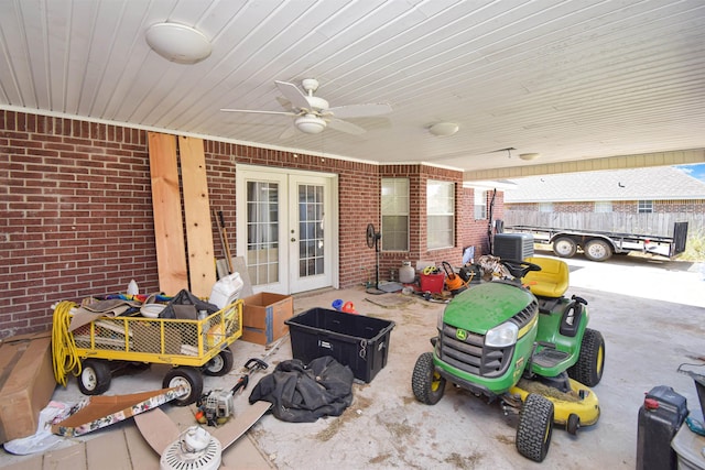 view of patio with ceiling fan, central AC, and french doors