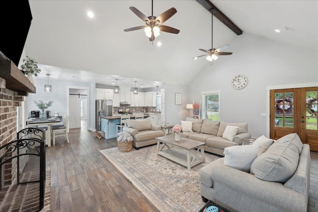 560 Lyndale St, Vidor, TX 77662 - living area with ceiling fan, high vaulted ceiling, beamed ceiling, dark wood-style flooring, and recessed lighting