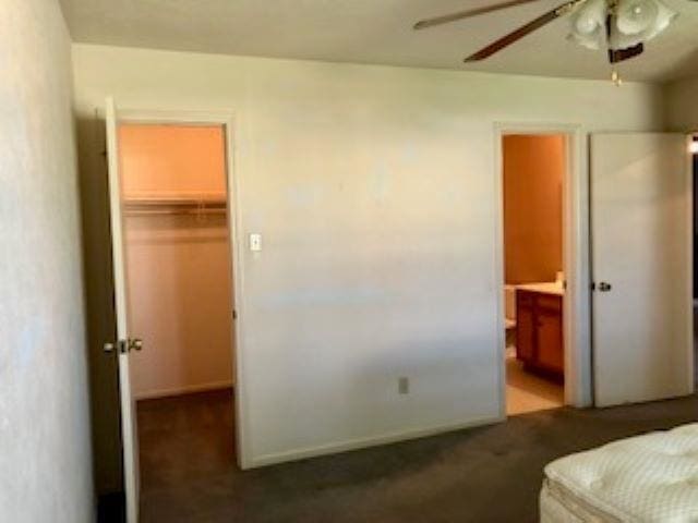 carpeted bedroom featuring a walk in closet, ensuite bathroom, a closet, and ceiling fan