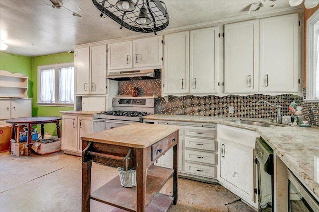 kitchen with white cabinetry, dishwasher, sink, backsplash, and range