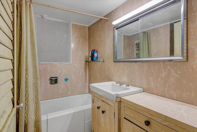 bathroom with vanity and shower / tub combo with curtain