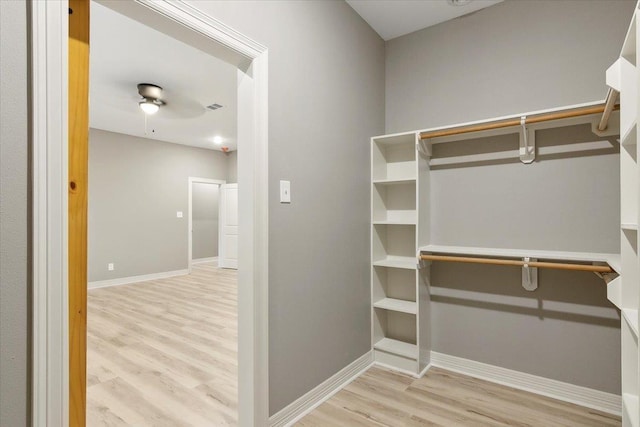 spacious closet featuring light hardwood / wood-style flooring and ceiling fan