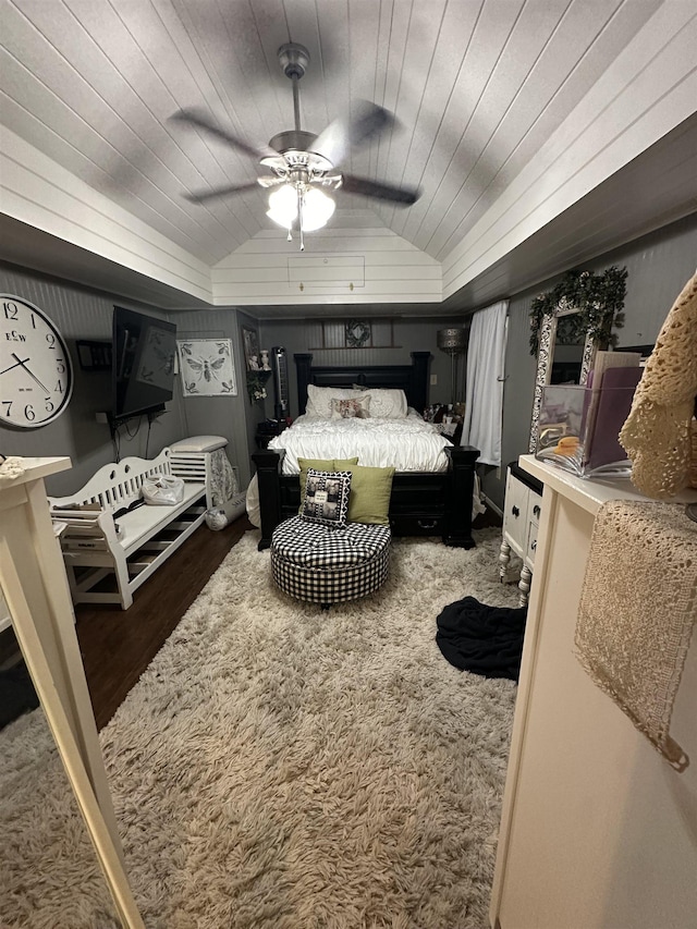 bedroom with ceiling fan, wooden ceiling, and lofted ceiling