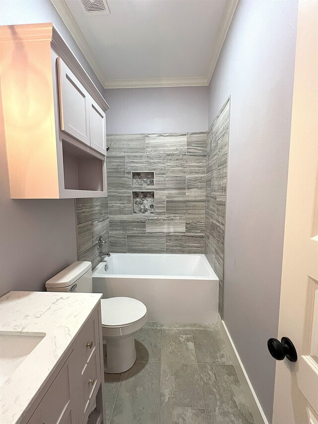 10675 Vinson St, Beaumont, TX 77713 - full bathroom featuring toilet, ornamental molding, vanity, and washtub / shower combination