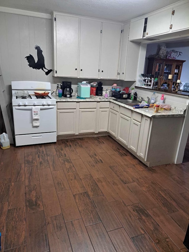 kitchen with white gas stove, dark hardwood / wood-style floors, white cabinetry, and sink