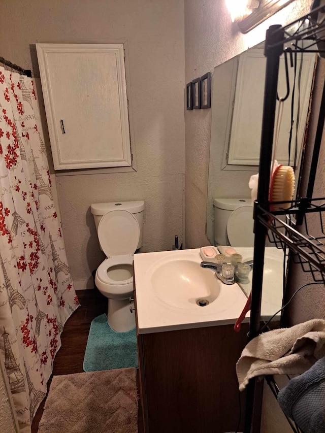 bathroom with vanity, hardwood / wood-style flooring, and toilet