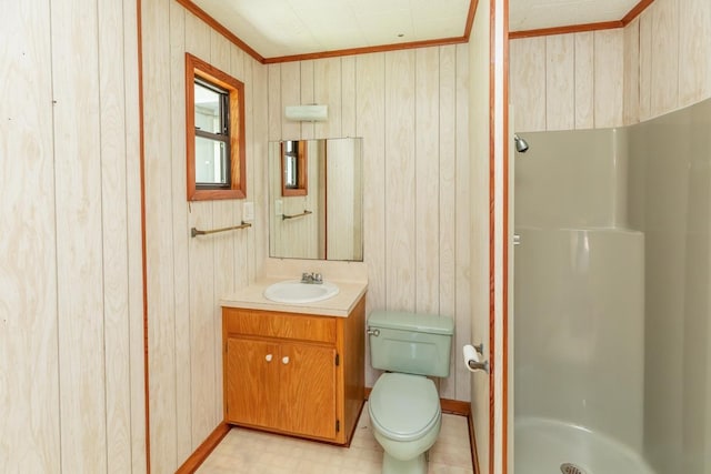3012 Berry Ave, Groves, TX 77619 - full bath with wooden walls, a stall shower, vanity, and ornamental molding