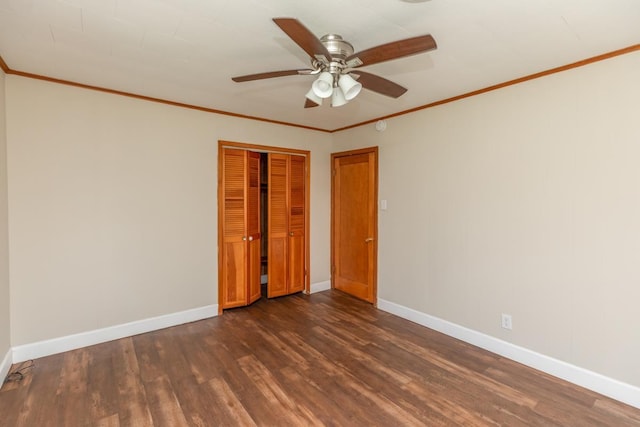 3012 Berry Ave, Groves, TX 77619 - unfurnished bedroom with dark wood-style flooring, a closet, ornamental molding, and ceiling fan