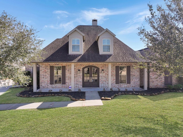 view of front of home featuring french doors, brick siding, a chimney, a shingled roof, and a front yard