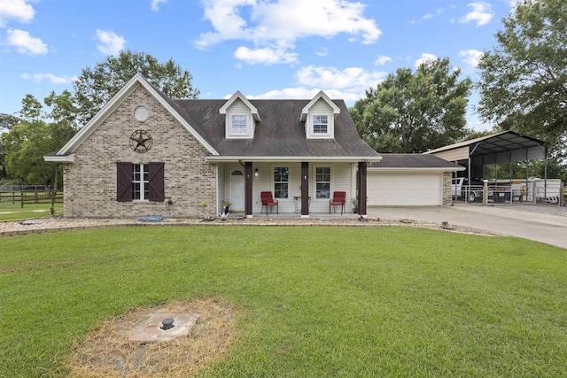 10393 Duncan Rd, Beaumont, TX 77713 - cape cod home with covered porch, a detached carport, concrete driveway, a garage, and brick siding