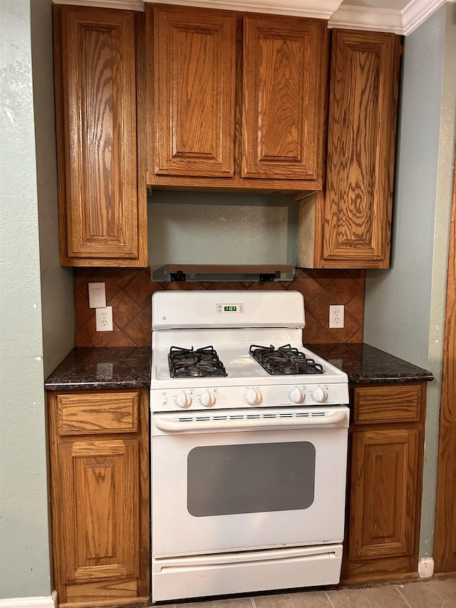 kitchen featuring tasteful backsplash, white range with gas cooktop, and dark stone counters