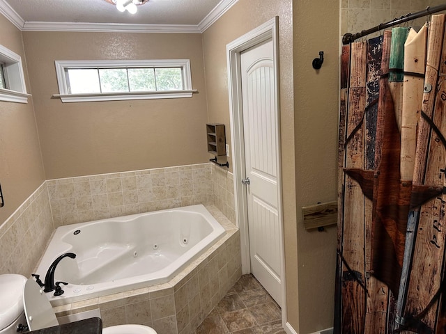 bathroom featuring tile patterned flooring, shower with separate bathtub, toilet, and ornamental molding