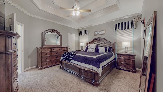 7640 Merion Dr, Beaumont, TX 77707 - bedroom with light carpet, ornamental molding, a tray ceiling, and ceiling fan