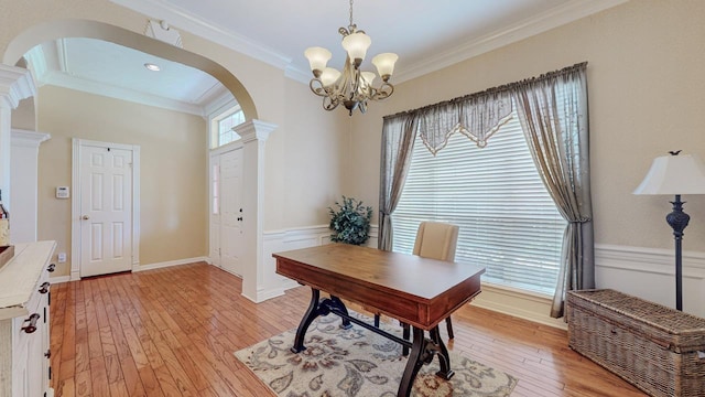 7640 Merion Dr, Beaumont, TX 77707 - office with arched walkways, decorative columns, light wood-type flooring, crown molding, and a chandelier