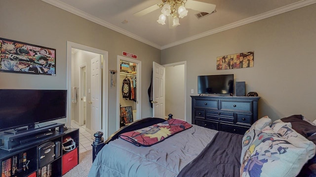 7640 Merion Dr, Beaumont, TX 77707 - carpeted bedroom with ornamental molding, a walk in closet, ceiling fan, and a closet