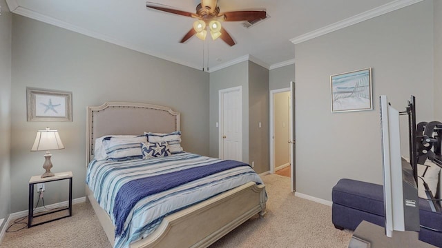 7640 Merion Dr, Beaumont, TX 77707 - bedroom featuring carpet, crown molding, and ceiling fan
