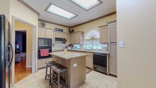 7640 Merion Dr, Beaumont, TX 77707 - kitchen featuring black appliances, a kitchen island, crown molding, decorative backsplash, and under cabinet range hood