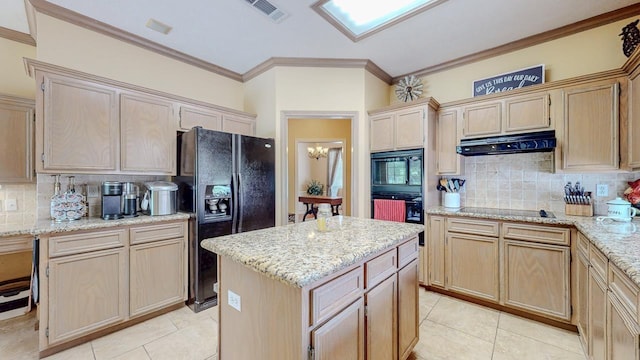 7640 Merion Dr, Beaumont, TX 77707 - kitchen with black appliances, under cabinet range hood, backsplash, crown molding, and light tile patterned floors