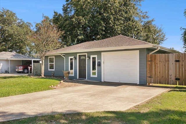 single story home with a front lawn, covered porch, and a garage