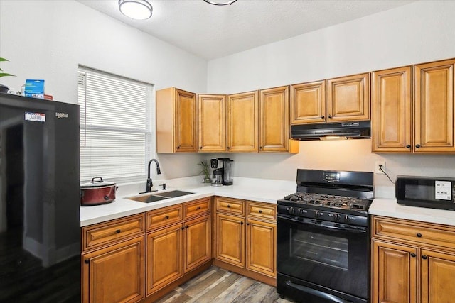 kitchen with sink, light hardwood / wood-style flooring, and black appliances