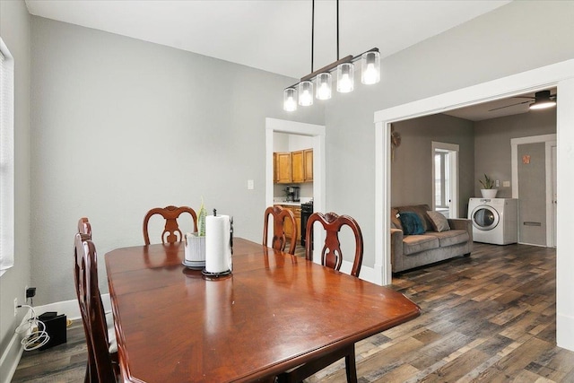 dining space with washer / clothes dryer and hardwood / wood-style floors