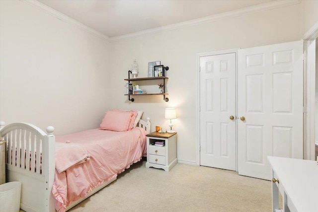 bedroom with light carpet and crown molding