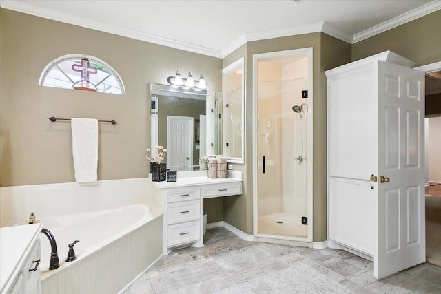 bathroom with a shower stall, a garden tub, crown molding, and vanity
