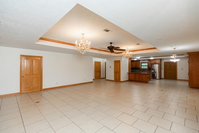 114 Holmes Rd, Lumberton, TX 77657 - unfurnished living room with a chandelier, a raised ceiling, baseboards, and ceiling fan