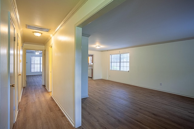 hall featuring crown molding and dark wood-type flooring