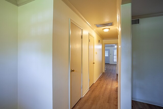 corridor with wood-type flooring and ornamental molding