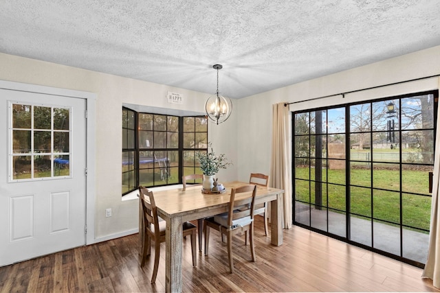 dining area featuring a textured ceiling, an inviting chandelier, and wood finished floors