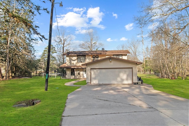 view of front of home with a garage, concrete driveway, and a front yard