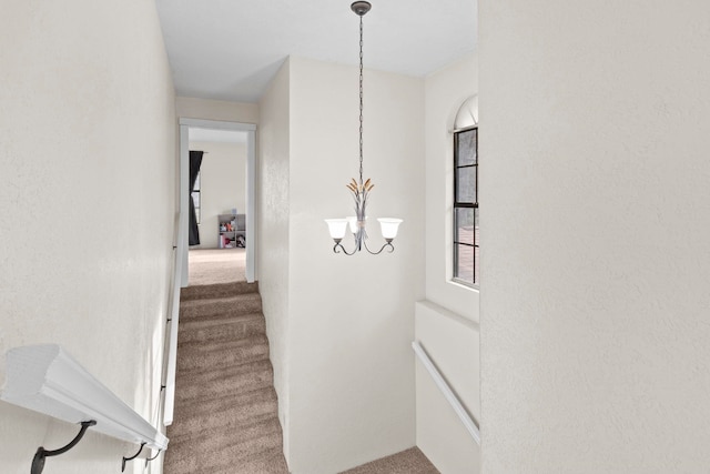 stairway with a chandelier and carpet flooring