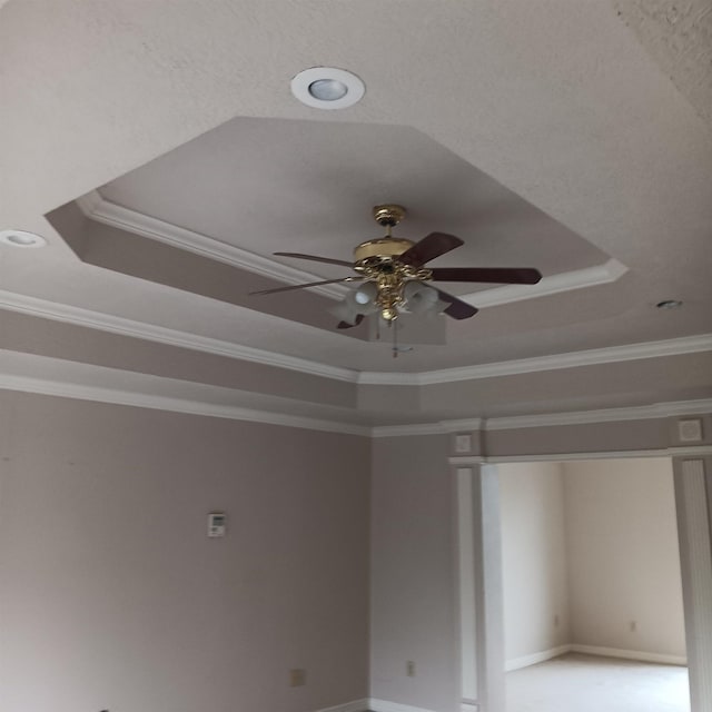 interior details with a tray ceiling, a ceiling fan, and ornamental molding