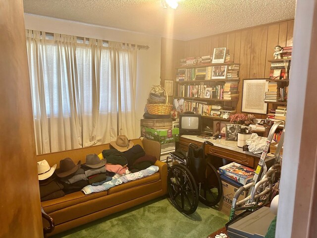 1895 Lucille St, Beaumont, TX 77705 - office area featuring carpet, a textured ceiling, and wood walls