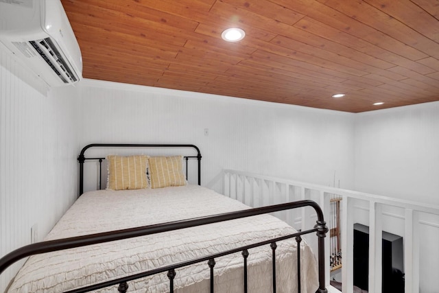 bedroom with wood ceiling and a wall mounted AC