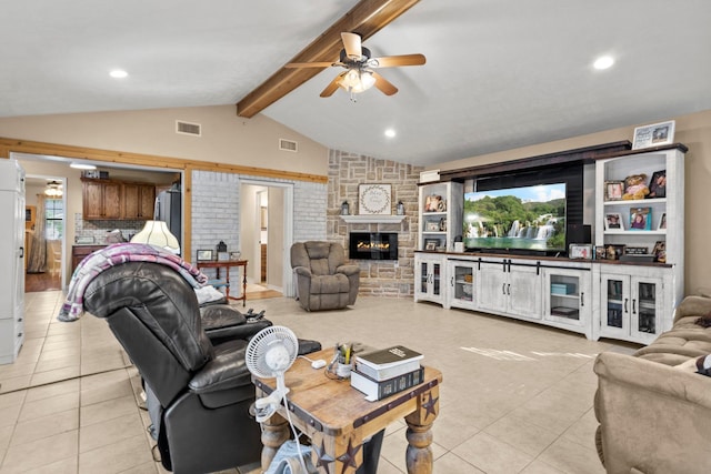 103 Read St, Silsbee, TX 77656 - living room featuring ceiling fan, visible vents, lofted ceiling with beams, and light tile patterned floors