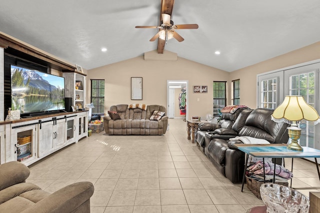 103 Read St, Silsbee, TX 77656 - living room with vaulted ceiling with beams, a ceiling fan, light tile patterned floors, and recessed lighting