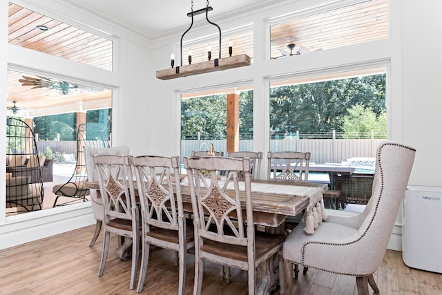 dining area with a wealth of natural light, crown molding, a chandelier, and light wood-type flooring