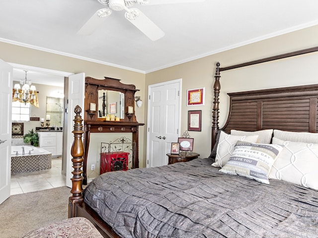 carpeted bedroom featuring crown molding and ceiling fan with notable chandelier