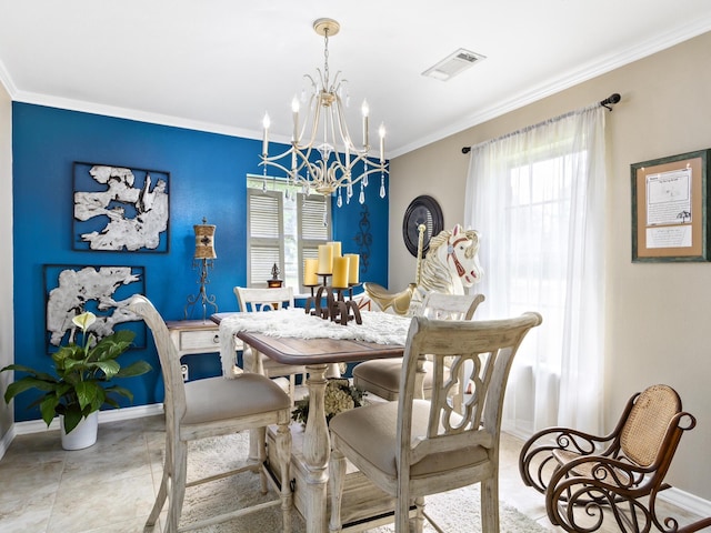 dining area with crown molding, plenty of natural light, light tile patterned floors, and a chandelier