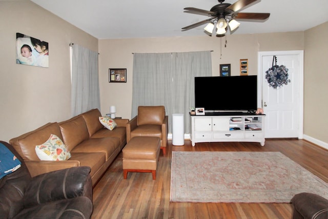 living room featuring ceiling fan and hardwood / wood-style flooring