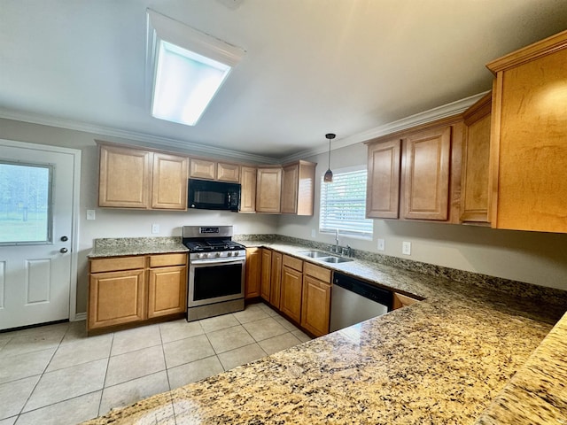 414 David St, Bridge City, TX 77611 - kitchen featuring appliances with stainless steel finishes, ornamental molding, light tile patterned flooring, a sink, and decorative light fixtures