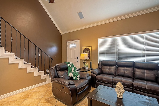 living room with vaulted ceiling, light tile patterned floors, and ornamental molding