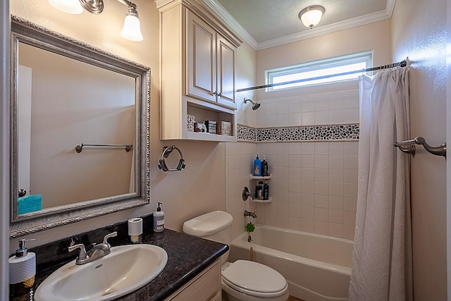 full bathroom with toilet, shower / tub combo, a textured ceiling, crown molding, and vanity