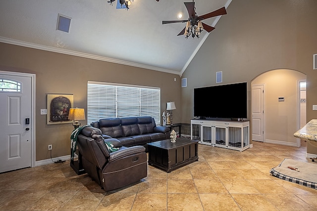 tiled living room featuring high vaulted ceiling, ornamental molding, and ceiling fan